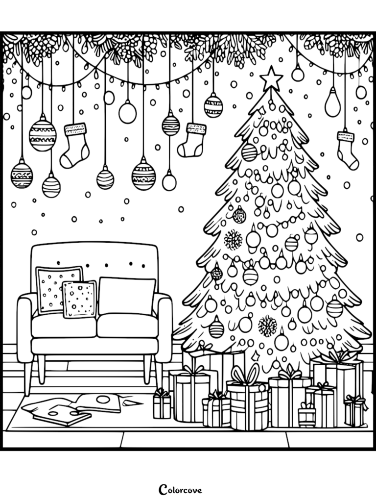 Página para colorear de un Árbol de Navidad que presenta un árbol decorado, adornos colgantes, calcetines navideños y regalos envueltos junto a un sillón acogedor.