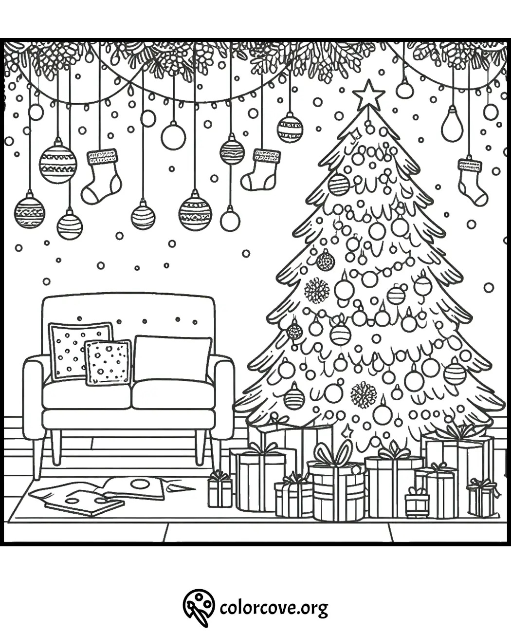 Cozy Christmas scene with decorated tree, gifts, and sofa. Perfect for holiday coloring and creativity.