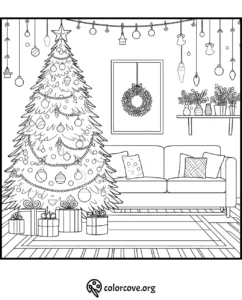 Christmas tree coloring page with ornaments, wreath, gifts, and cozy living room decor. Perfect for holiday creativity.