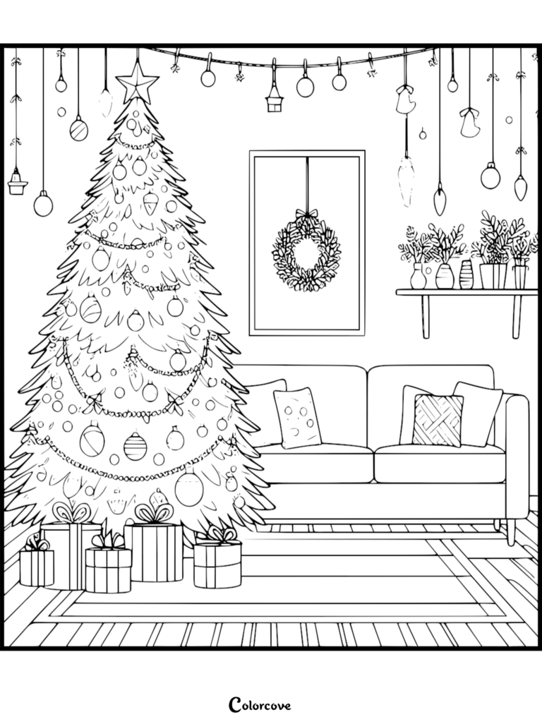 Una página para colorear detallada de un Árbol de Navidad que presenta un árbol decorado con adornos, regalos debajo, un sofá acogedor y una corona montada en la pared.