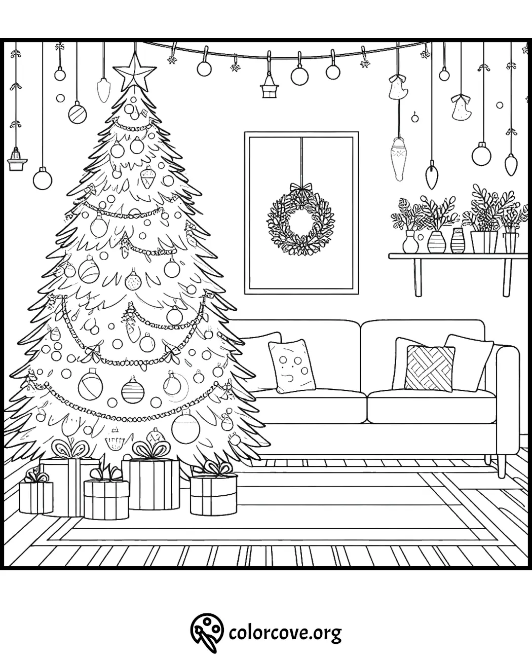 Christmas tree coloring page with ornaments, wreath, gifts, and cozy living room decor. Perfect for holiday creativity.