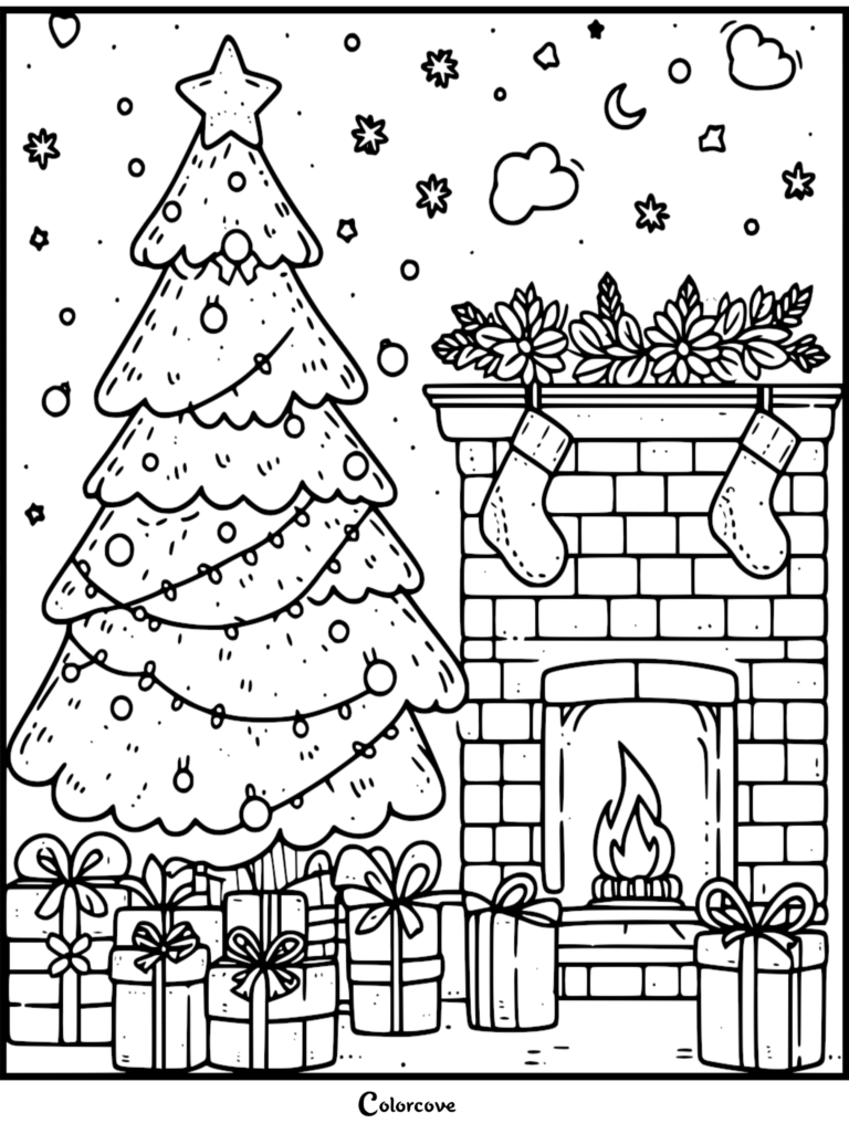 Páginas para colorear de un Árbol de Navidad imprimibles gratuitas 16 que presentan un árbol decorado, una chimenea con calcetines navideños y regalos envueltos.