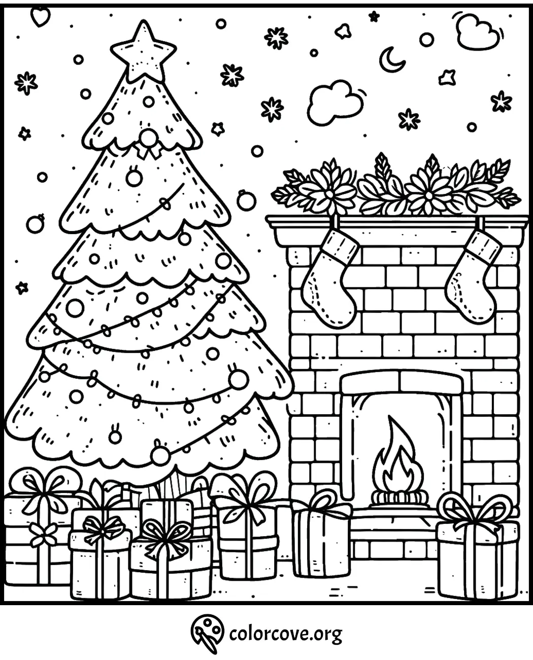 Christmas coloring page with a decorated tree, gifts, and a fireplace with stockings. Perfect for festive coloring fun!