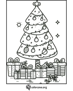 Christmas tree coloring page with ornaments and gifts. Perfect for holiday fun and creativity for kids and adults.