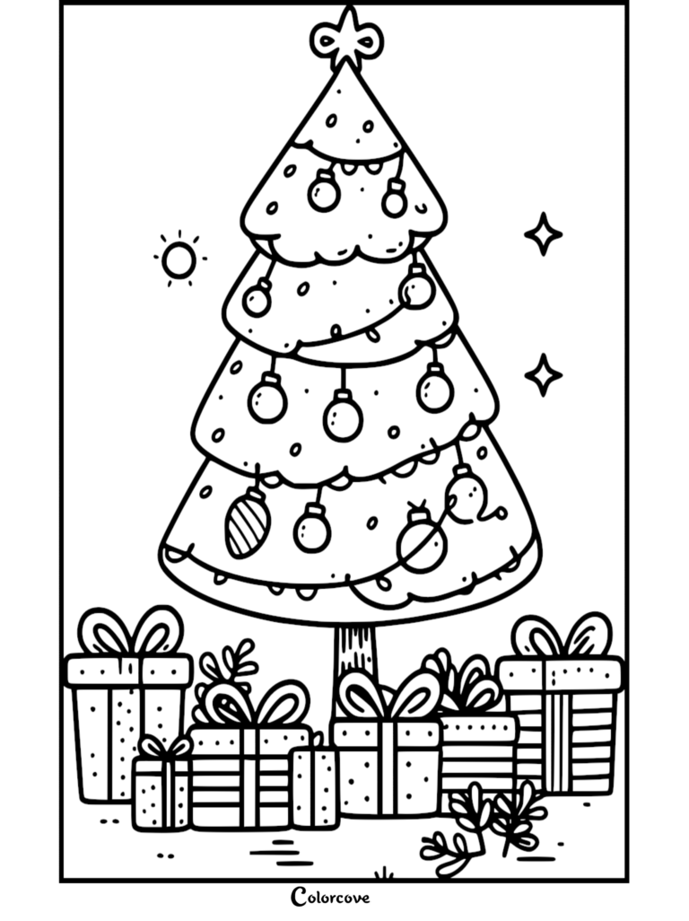 Una página para colorear festiva de un Árbol de Navidad que presenta adornos, una estrella de la copa y regalos envueltos debajo.