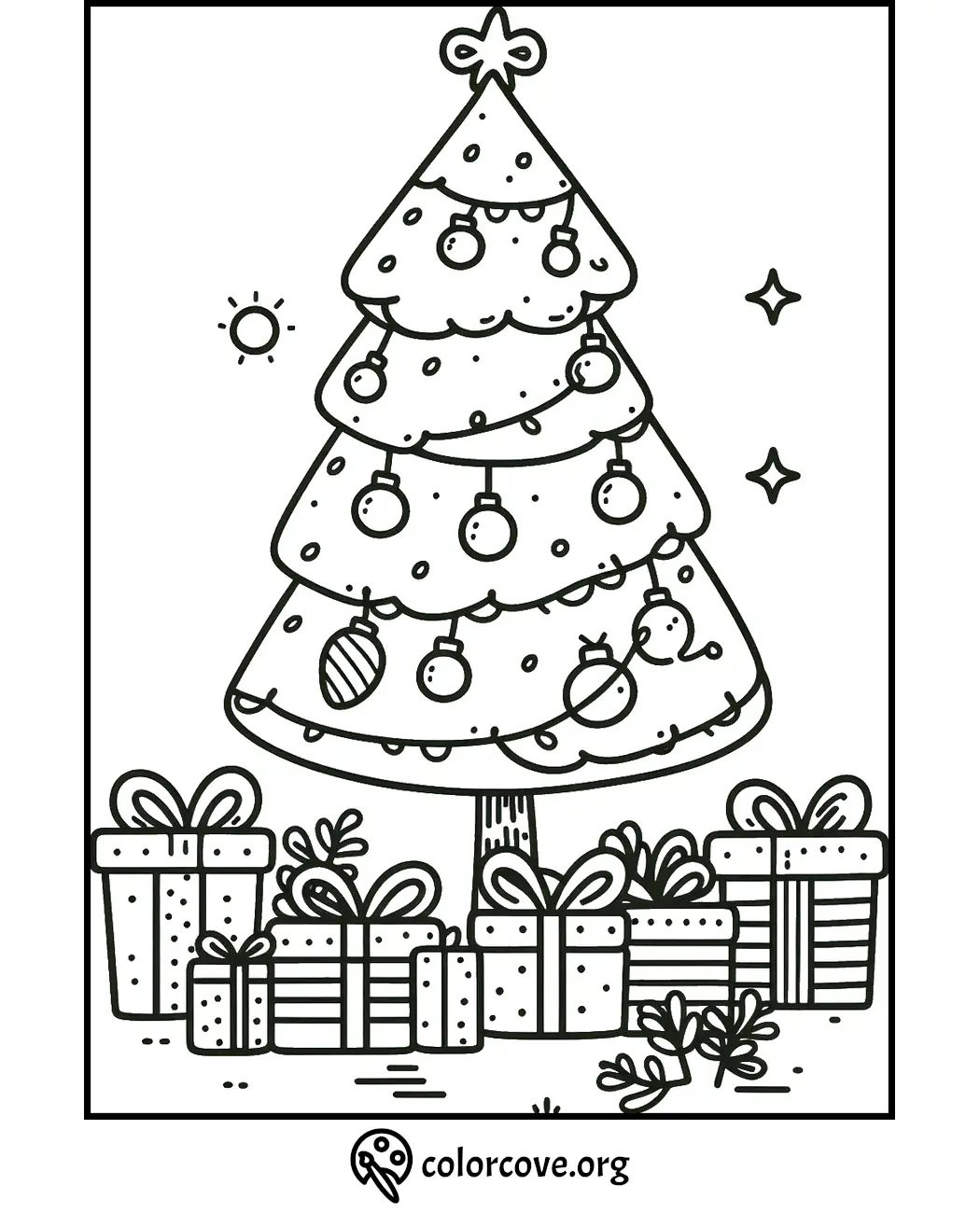 Christmas tree coloring page with ornaments and gifts. Perfect for holiday fun and creativity for kids and adults.