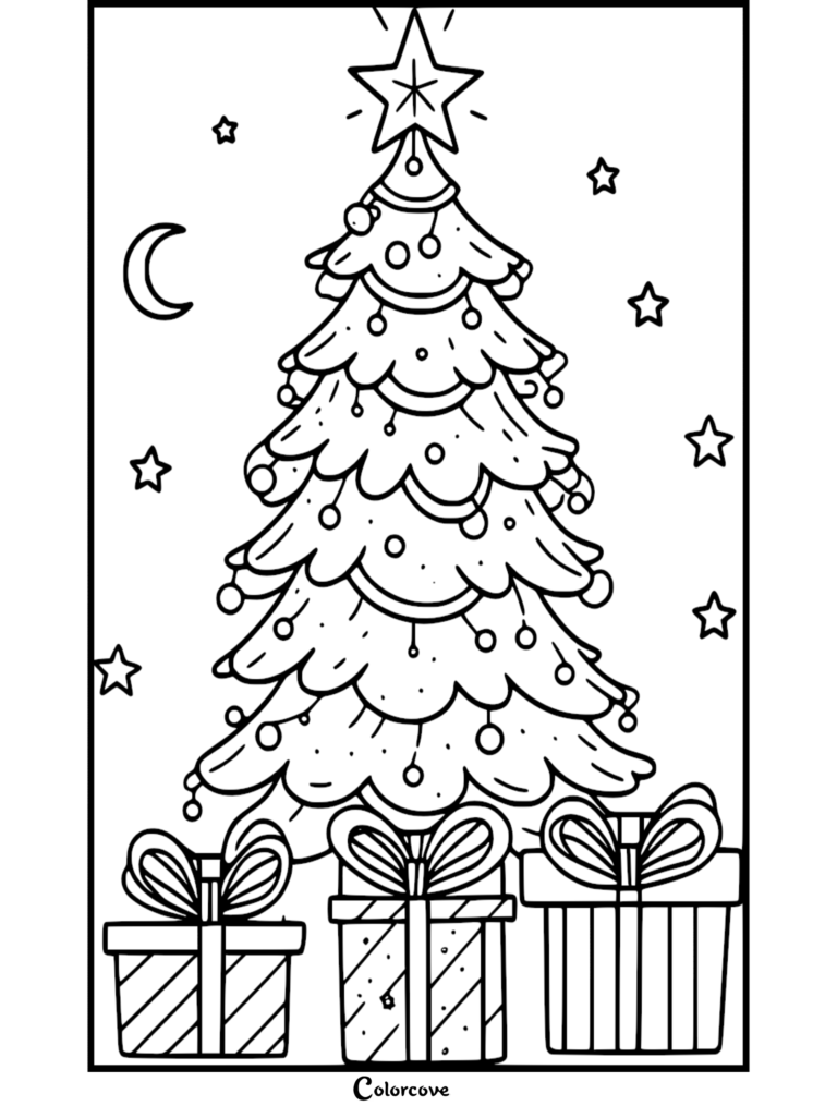 Una página para colorear festiva de un Árbol de Navidad que presenta una estrella de la copa, adornos, una luna creciente, estrellas y tres cajas de regalo envueltas.