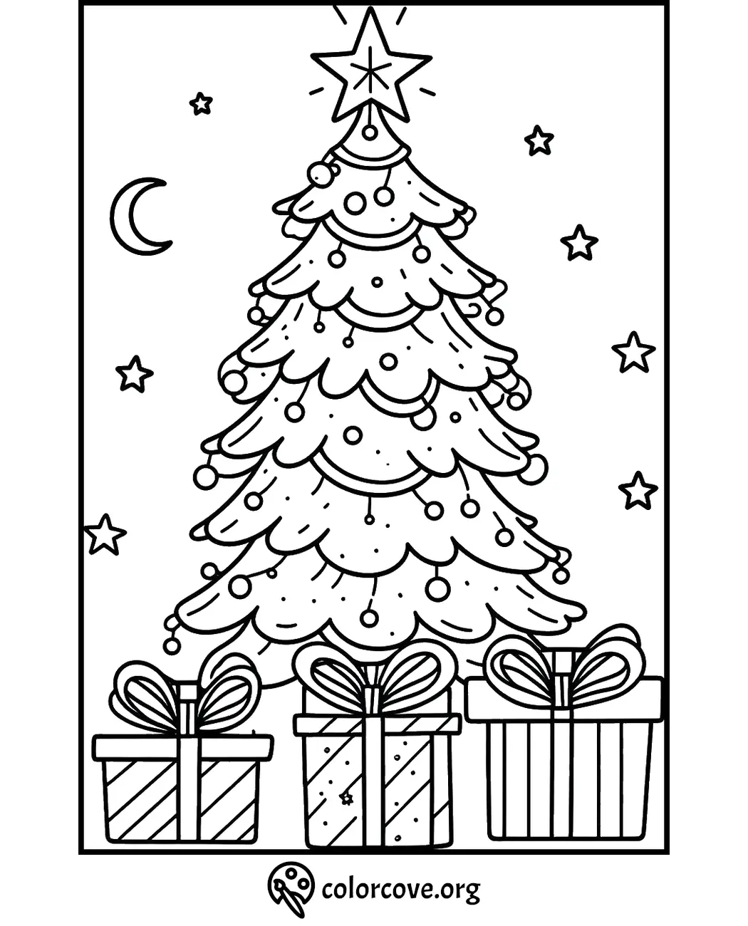 Christmas tree coloring page with star, ornaments, and gift boxes. Perfect for holiday-themed coloring activities.