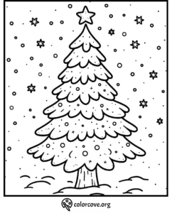 Christmas tree coloring page with star topper and snowflakes. Perfect festive activity for kids and adults.