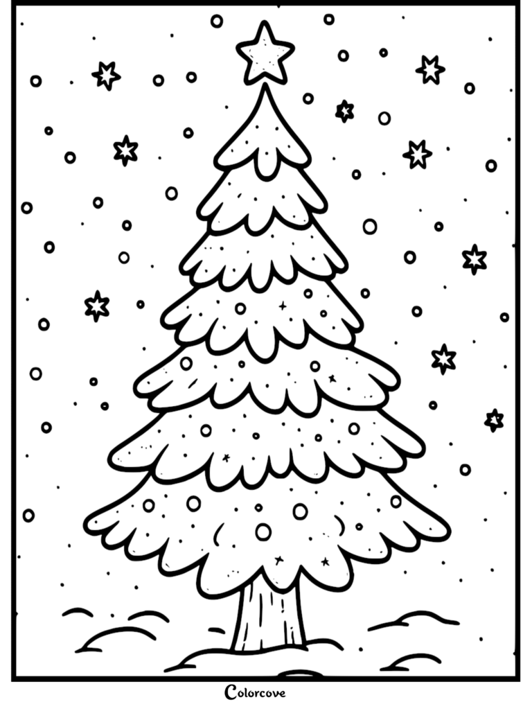 Una página para colorear festiva de un Árbol de Navidad que presenta una estrella de la copa y nieve cayendo con estrellas dispersas en el fondo.
