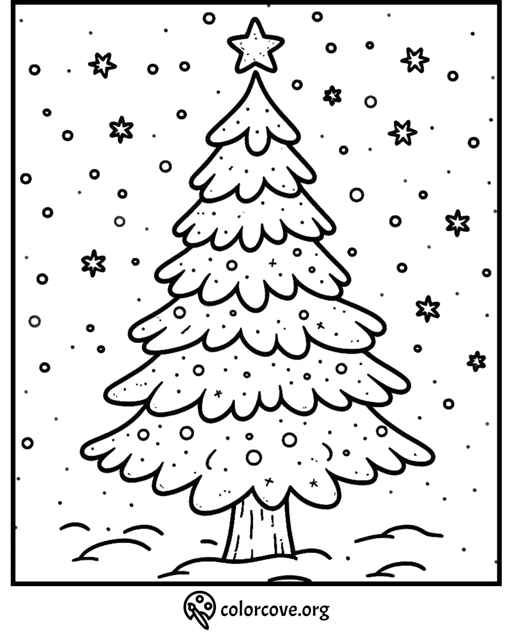 Christmas tree coloring page with star topper and snowflakes. Perfect festive activity for kids and adults.