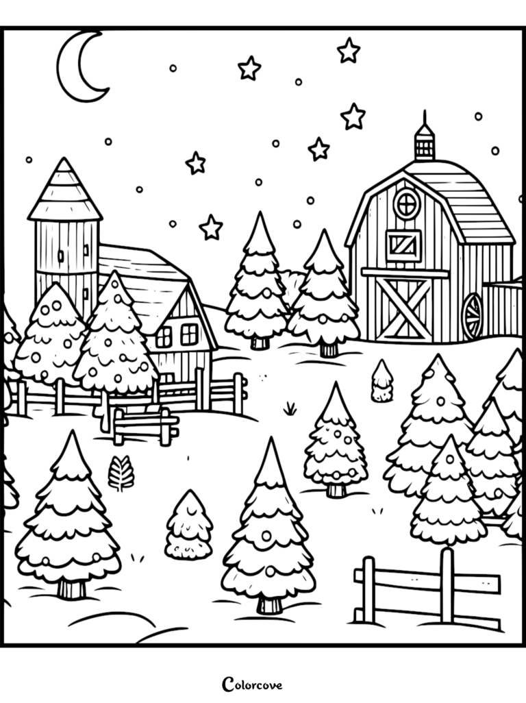 Una página para colorear festiva de un Árbol de Navidad que presenta una escena de granja nevada con un granero, un silo y un cielo nocturno estrellado.