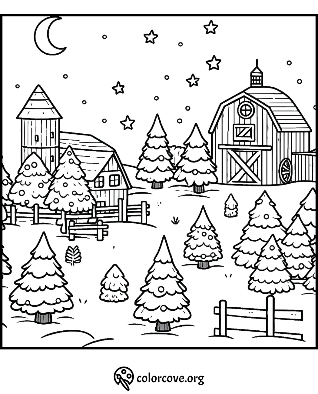 Cozy winter farm scene with barn, pine trees, and stars. Printable coloring page for kids and adults.