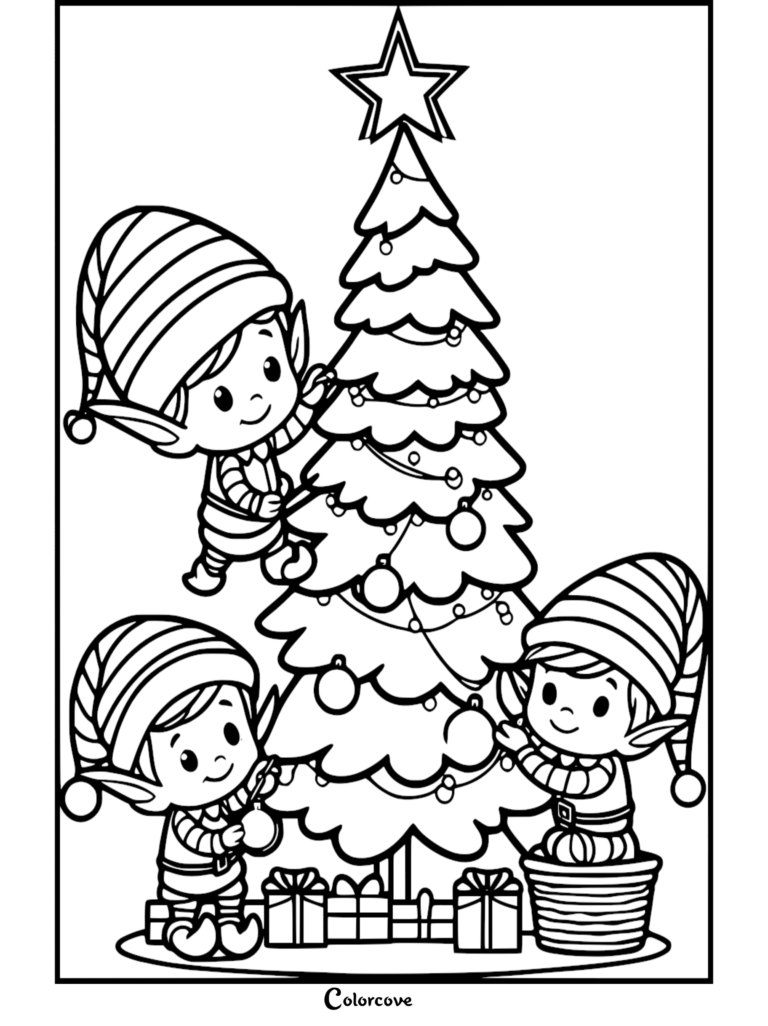 Tres elfos alegres decorando un Árbol de Navidad con adornos y luces en esta página para colorear imprimible gratuita.