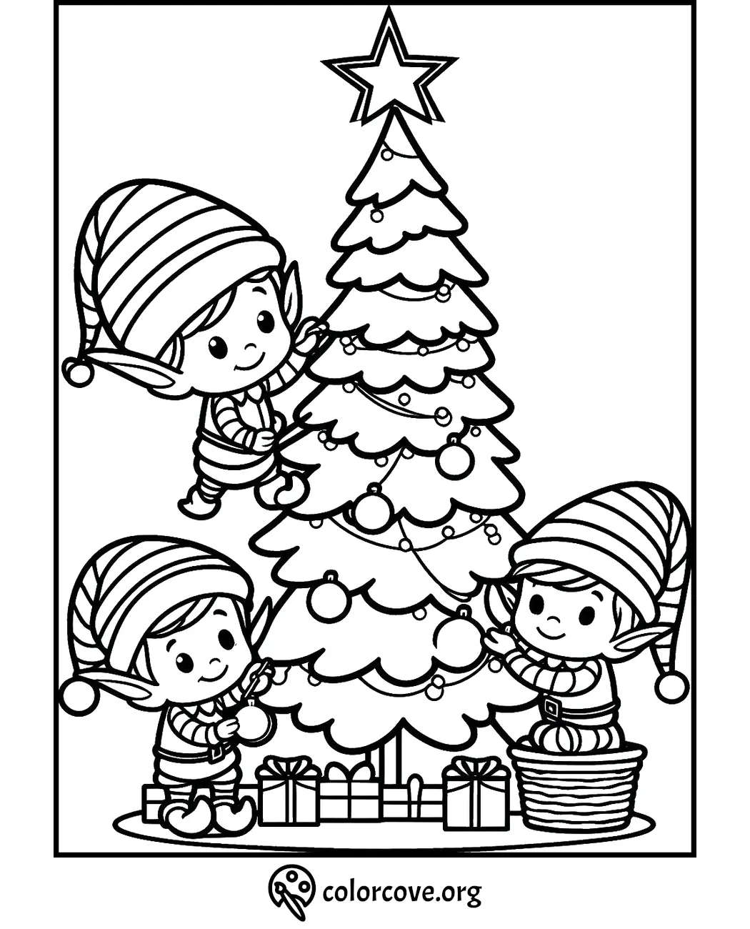 Three cheerful elves decorating a Christmas tree with presents. Fun holiday coloring page for kids.