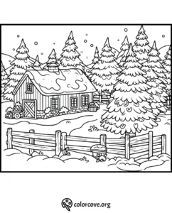 Snowy cabin in a forest coloring page, featuring pine trees and a wooden fence. Perfect for winter-themed activities.