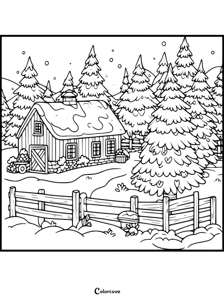 Una escena invernal nevada que presenta una cabaña rústica rodeada de pinos en forma de Árbol de Navidad y una cerca de madera, perfecta como página para colorear imprimible.