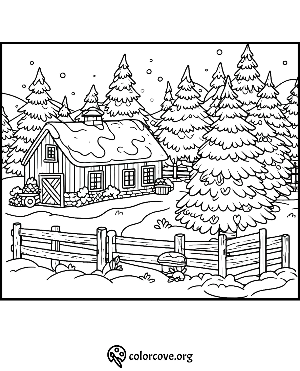 Snowy cabin in a forest coloring page, featuring pine trees and a wooden fence. Perfect for winter-themed activities.