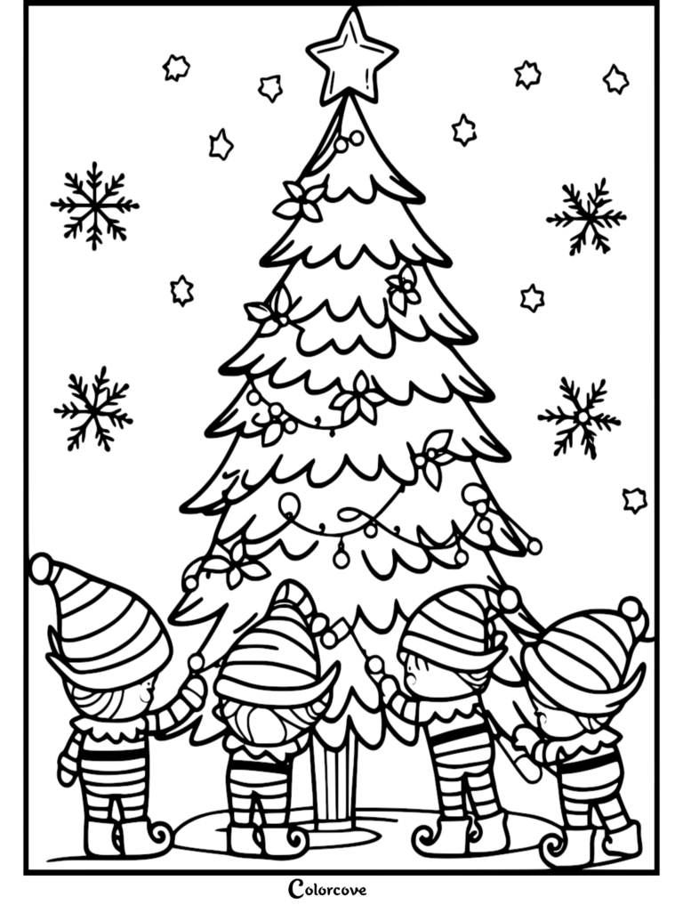 Cuatro elfos festivos decorando un gran Árbol de Navidad con adornos en esta página para colorear imprimible gratuita.