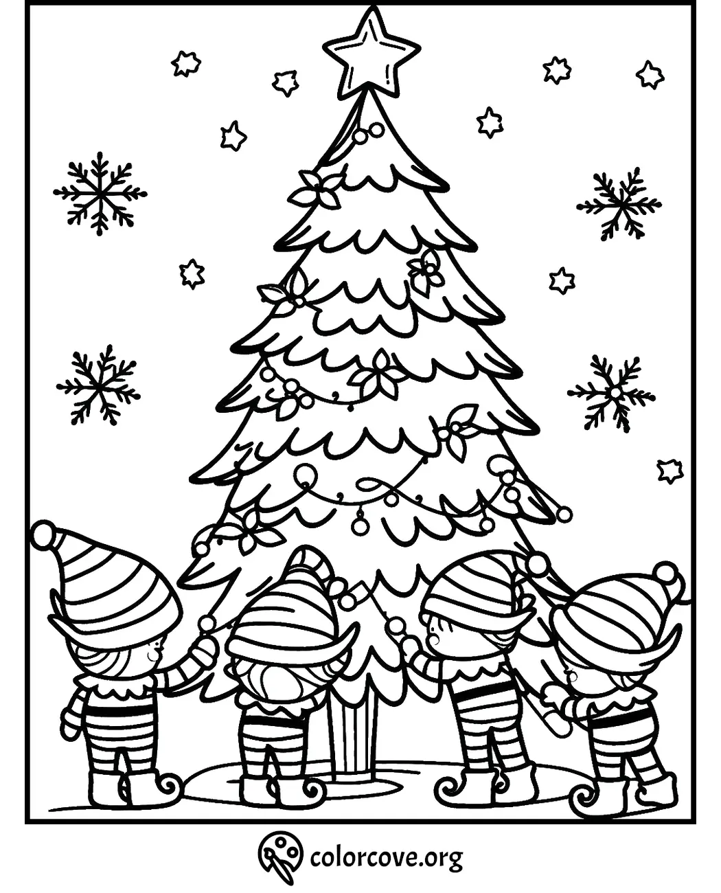 Cute elves decorating a Christmas tree coloring page, featuring snowflakes and stars. Perfect for holiday fun!