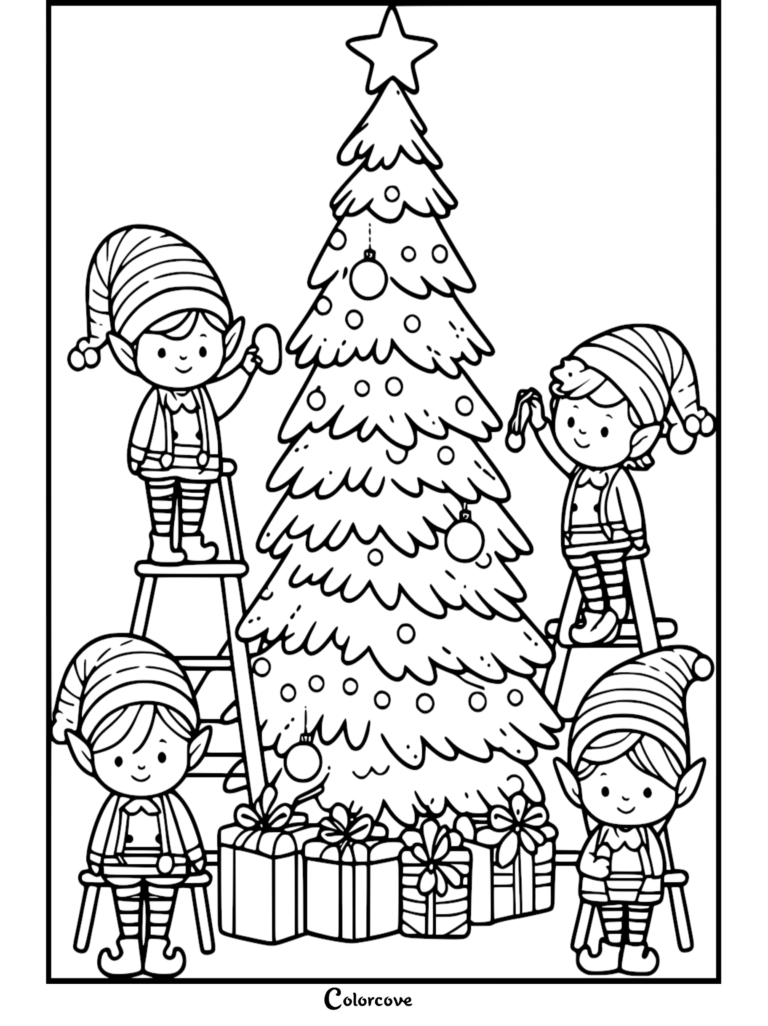 Cuatro elfos lindos decorando un alto Árbol de Navidad con adornos y regalos en esta página para colorear imprimible.