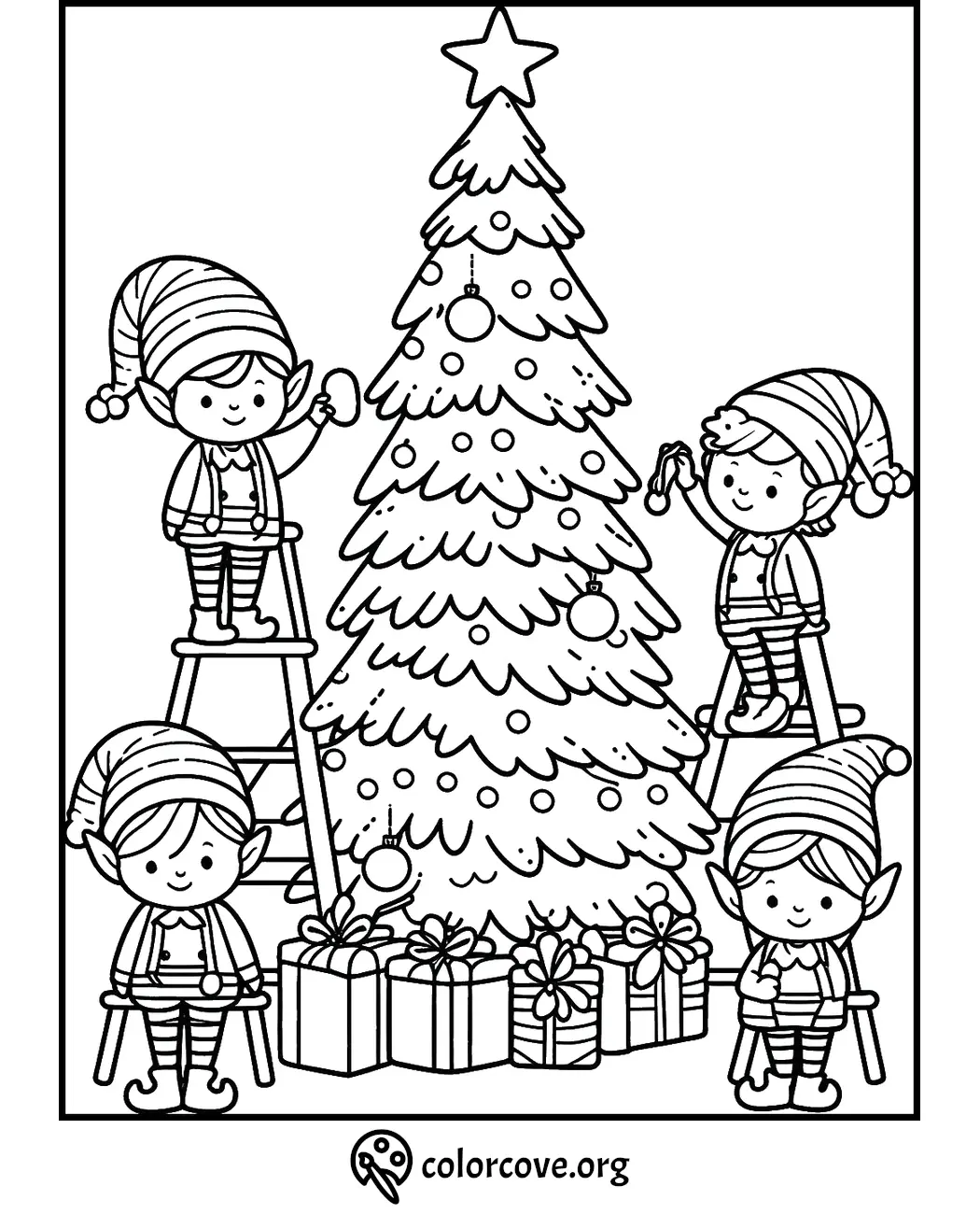 Elves decorating Christmas tree with ornaments and gifts; festive holiday coloring page for kids.