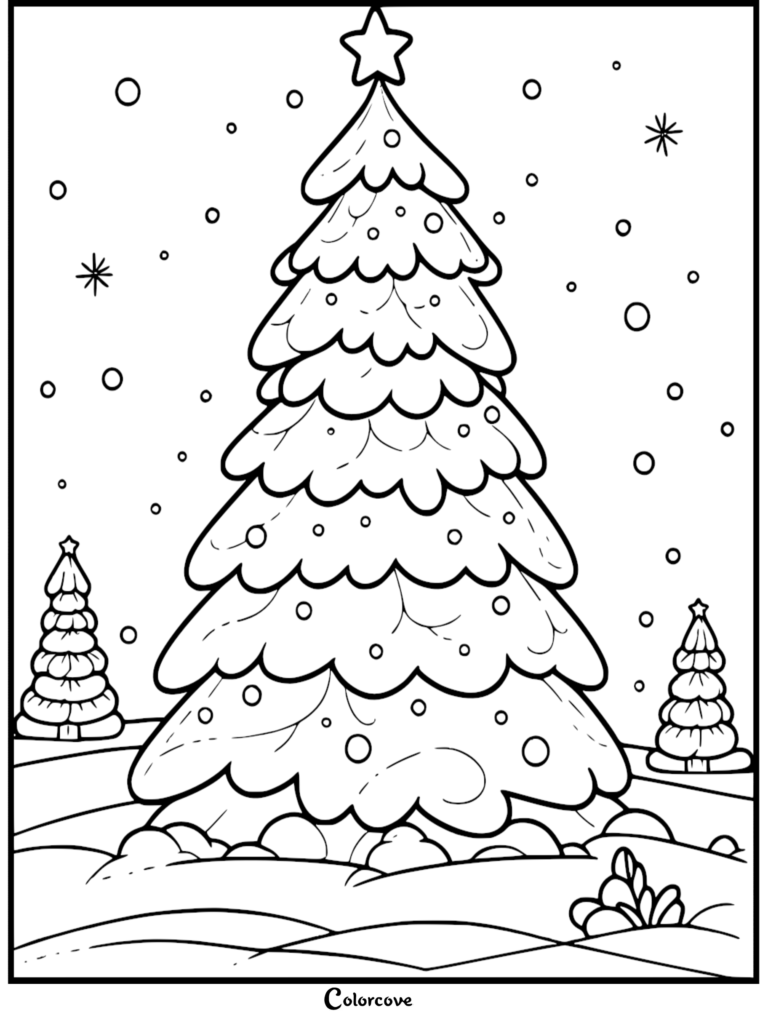 Un gran Árbol de Navidad decorado con una estrella de la copa rodeado por dos árboles más pequeños en un paisaje nevado, página para colorear imprimible.