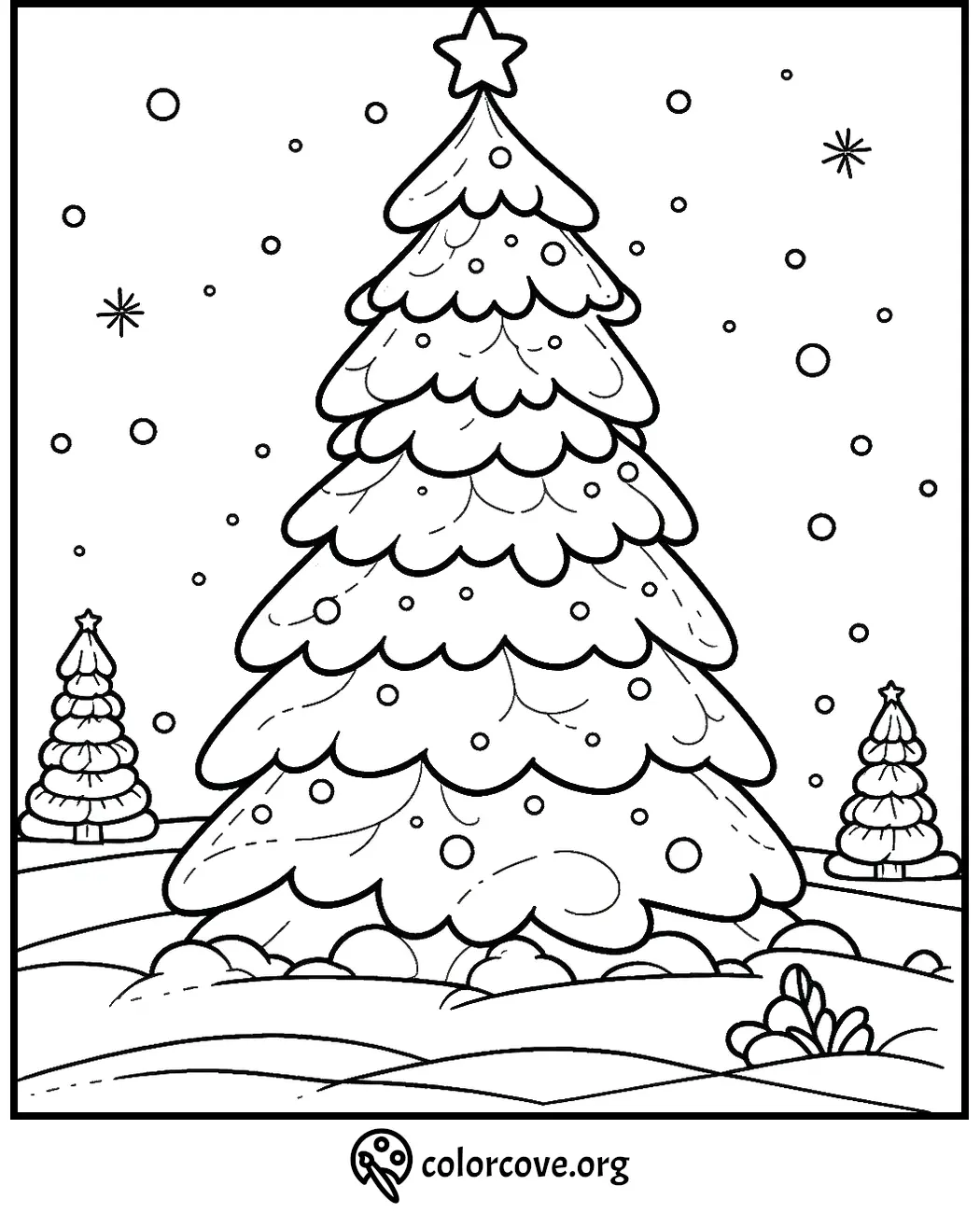 Christmas tree coloring page with snowflakes and stars, perfect for holiday-themed activities and creative coloring fun.