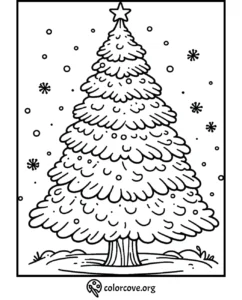 Christmas tree coloring page with snowflakes, decorated with a star on top. Perfect for holiday coloring fun.