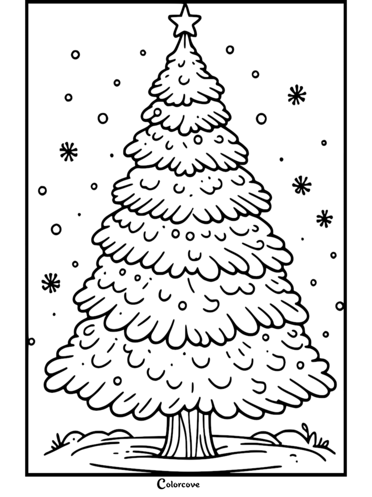 Una página para colorear festiva de un Árbol de Navidad que presenta una estrella de la copa y copos de nieve cayendo en una escena invernal.