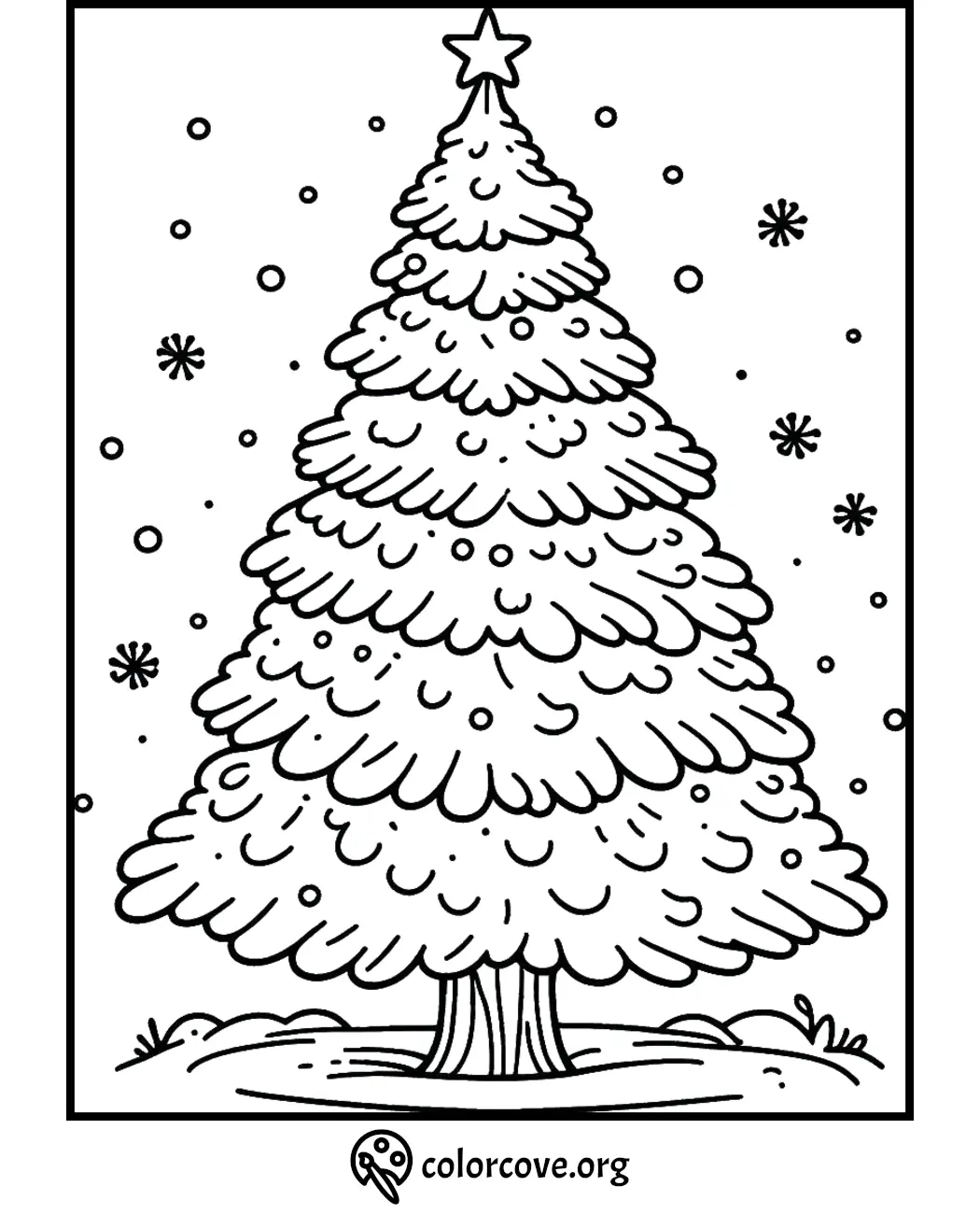 Christmas tree coloring page with snowflakes, decorated with a star on top. Perfect for holiday coloring fun.