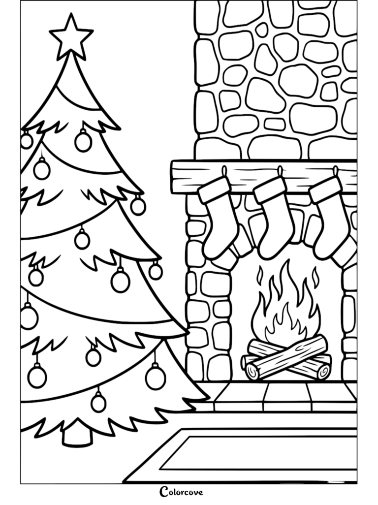 Un Árbol de Navidad con adornos junto a una chimenea de piedra con tres calcetines navideños colgantes en esta página para colorear imprimible.