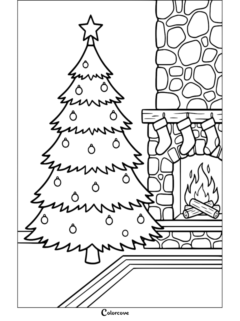 Una página para colorear imprimible de un Árbol de Navidad que presenta un pino decorado junto a una chimenea de piedra con calcetines navideños colgantes.