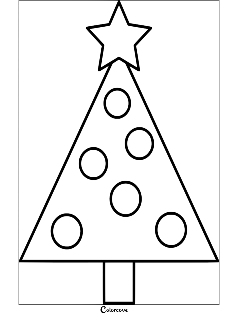 Una página para colorear simple de un Árbol de Navidad que presenta un árbol triangular con una estrella grande en la parte superior y adornos circulares.