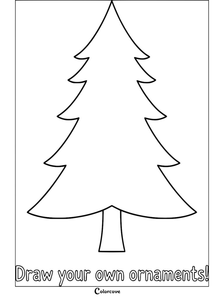 Un contorno simple de un Árbol de Navidad en una página para colorear imprimible con el texto Dibuja tus propios adornos en la parte inferior.
