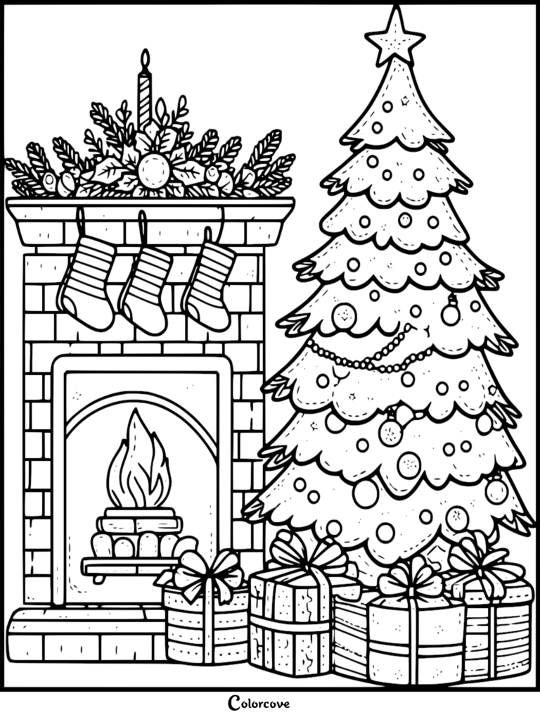 Una página para colorear festiva de un Árbol de Navidad que presenta un pino decorado con adornos, una chimenea con calcetines navideños colgantes y regalos envueltos debajo.