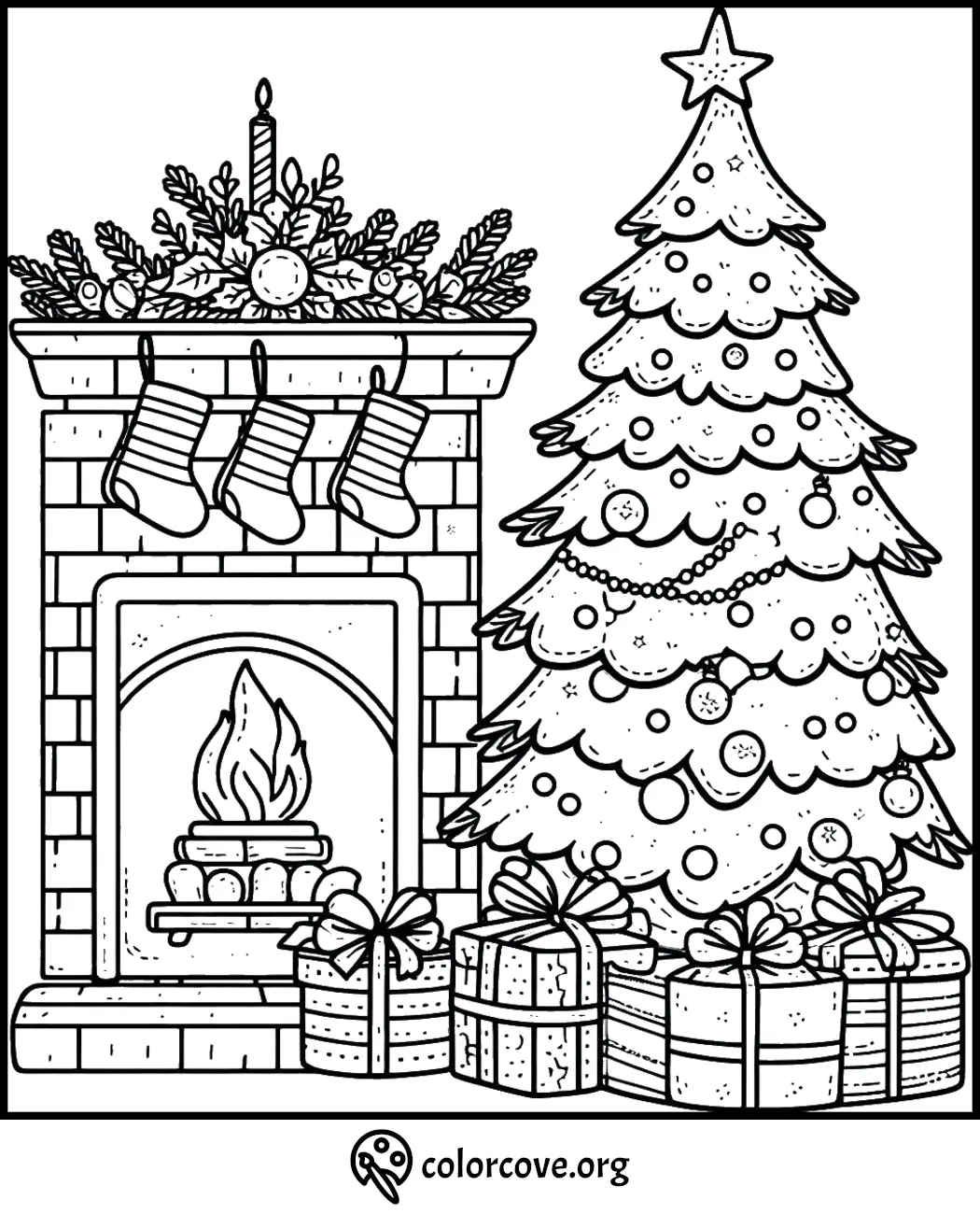 Christmas coloring page with a decorated tree, fireplace with stockings, and wrapped gifts. Perfect for holiday activities.