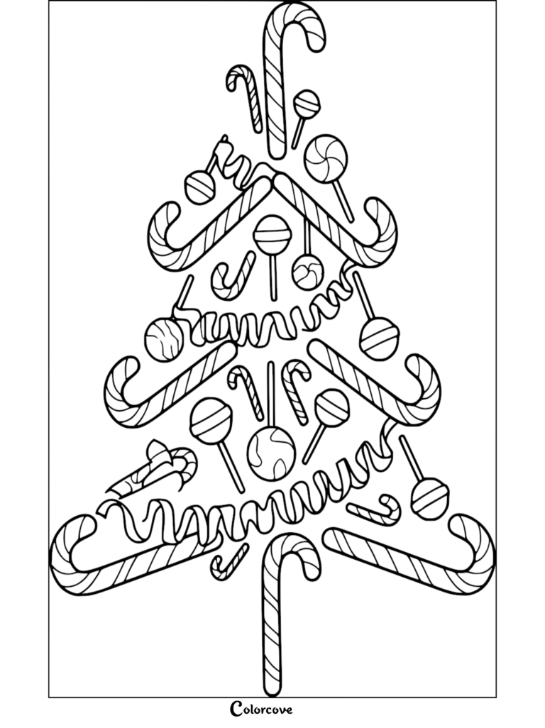 Una página para colorear de un Árbol de Navidad hecha completamente de bastones de caramelo, piruletas y cintas festivas.