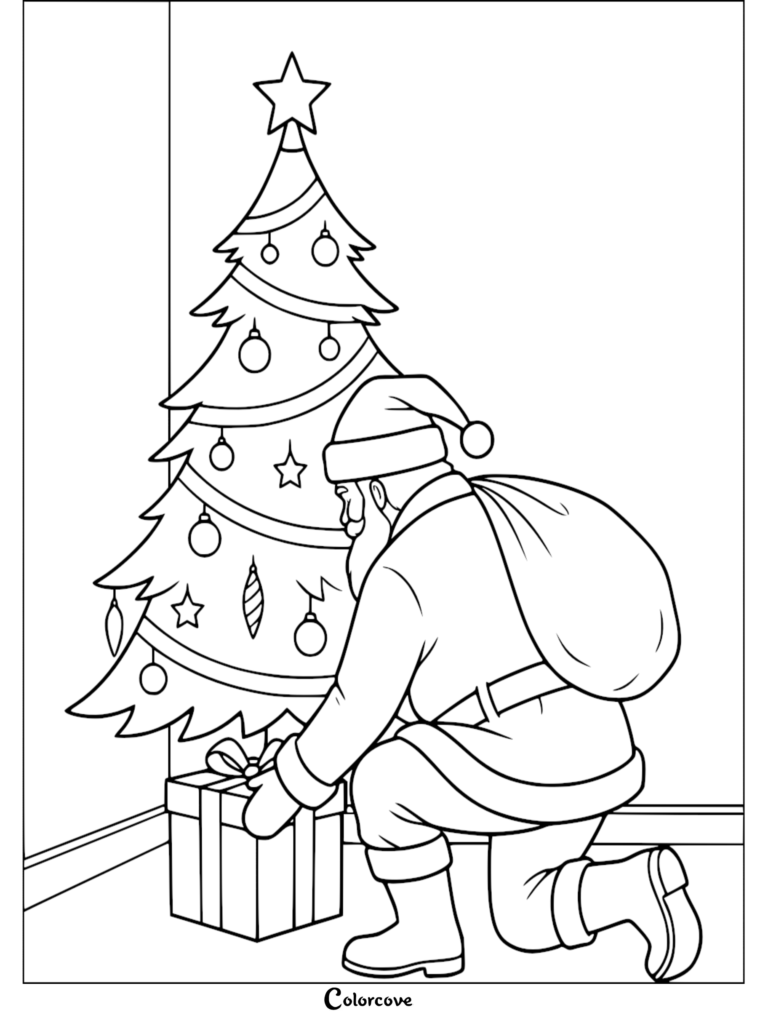 Santa Claus arrodillado para colocar un regalo debajo de un Árbol de Navidad decorado en esta página para colorear imprimible gratuita.