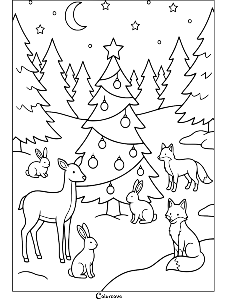 Página para colorear de un Árbol de Navidad que presenta un ciervo, zorros y conejos en un bosque nevado bajo una luna creciente.