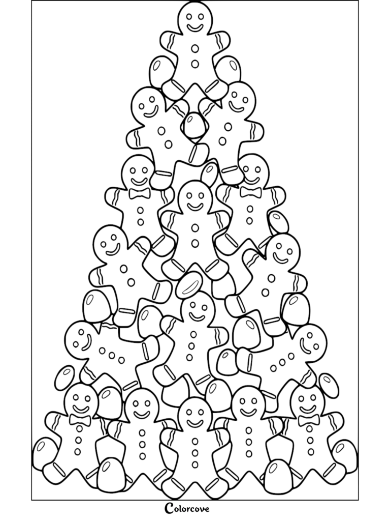 Una página para colorear festiva de un Árbol de Navidad compuesta por galletas de Hombres de jengibre apiladas con detalles de glaseado.