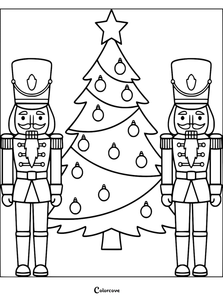 Dos cascanueces de juguete de pie a cada lado de un Árbol de Navidad decorado en esta página para colorear imprimible gratuita.