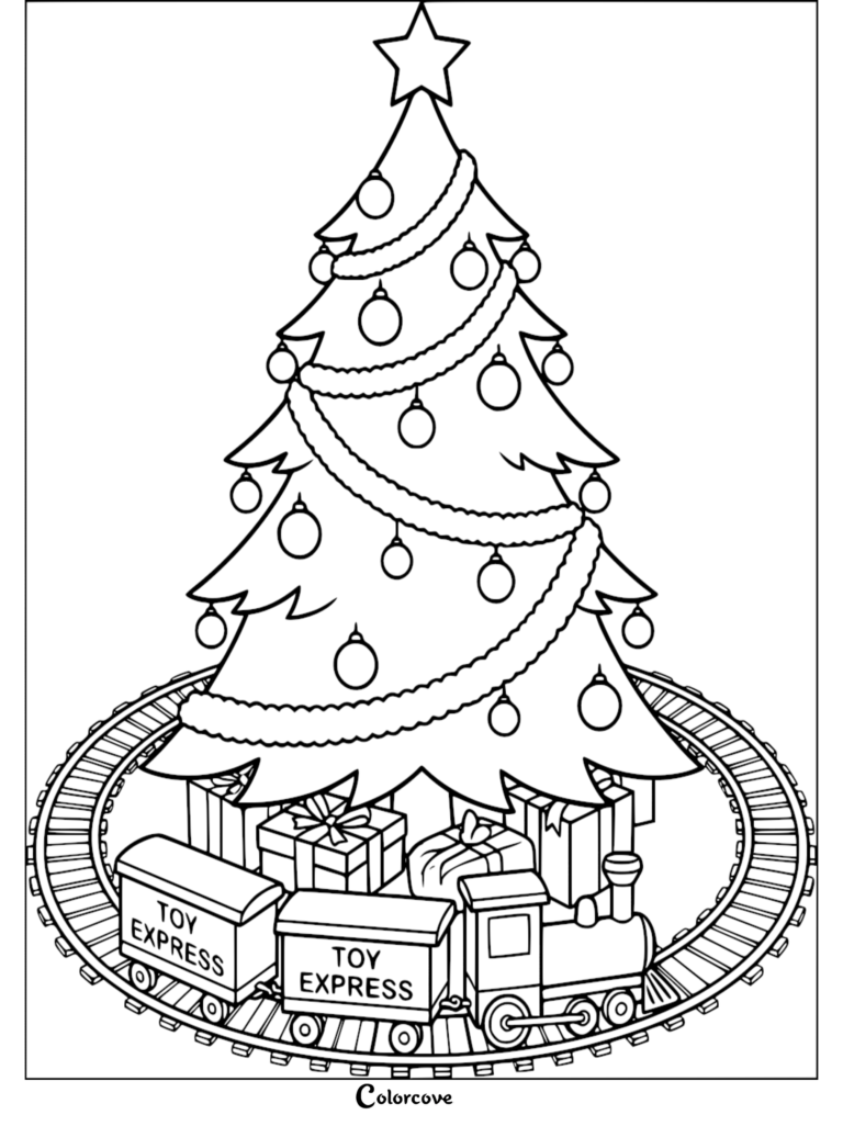Una página para colorear imprimible de un Árbol de Navidad que presenta un tren Toy Express en vías circulares que rodean los regalos envueltos debajo del árbol.