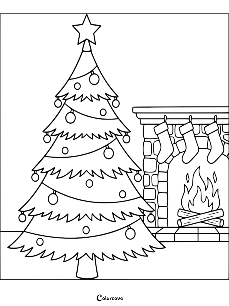 Christmas tree standing beside a fireplace with hanging stockings.