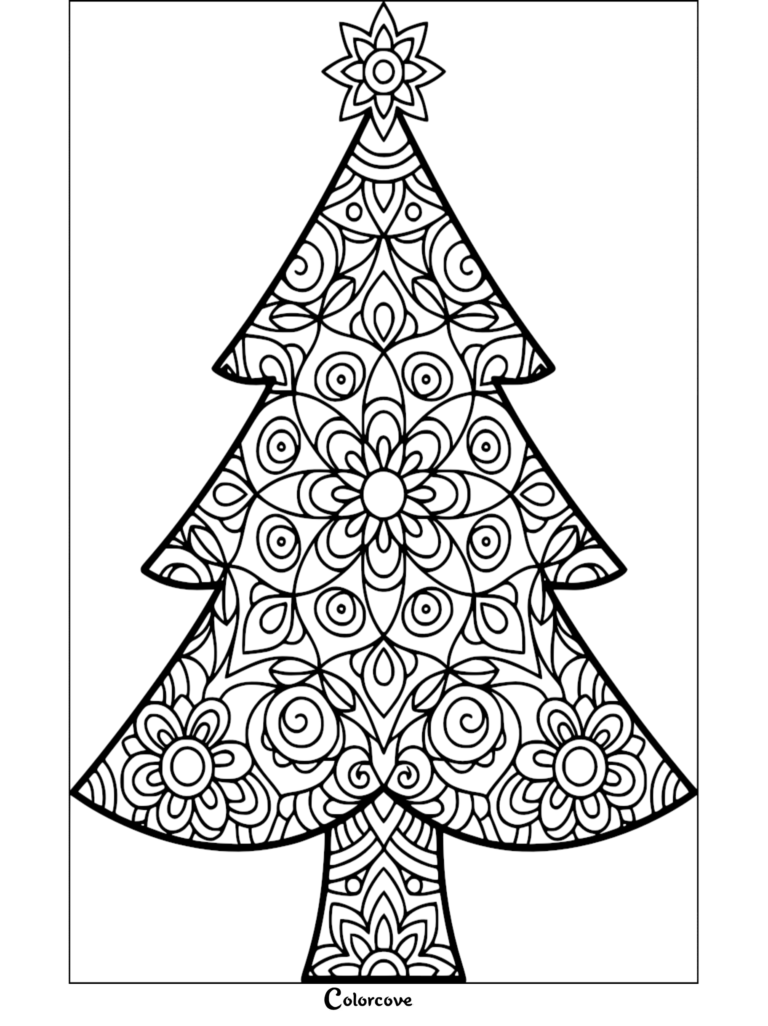 Página para colorear de un Árbol de Navidad de estilo mandala intrincado con patrones florales y una estrella de la copa.