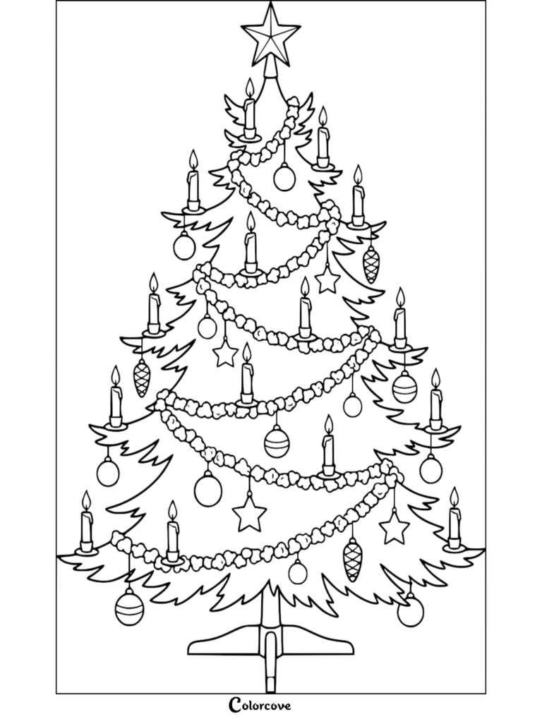 Página para colorear de un Árbol de Navidad que presenta velas, adornos, estrellas y decoraciones de guirnaldas de palomitas de maíz.