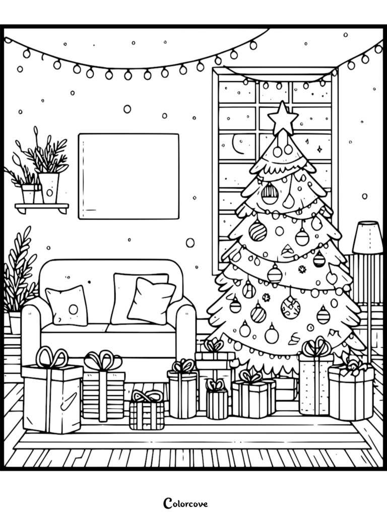 Una acogedora escena de sala de estar que presenta un Árbol de Navidad decorado con adornos, un sofá y regalos envueltos, presentada como una página para colorear imprimible gratuita.