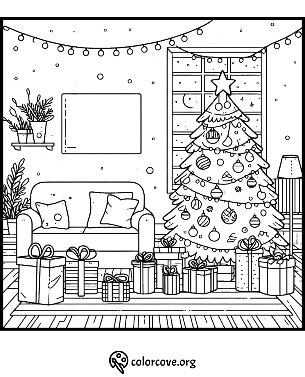 Christmas coloring page featuring a festive tree, gifts, sofa, and cozy room decor. Perfect for holiday creativity.