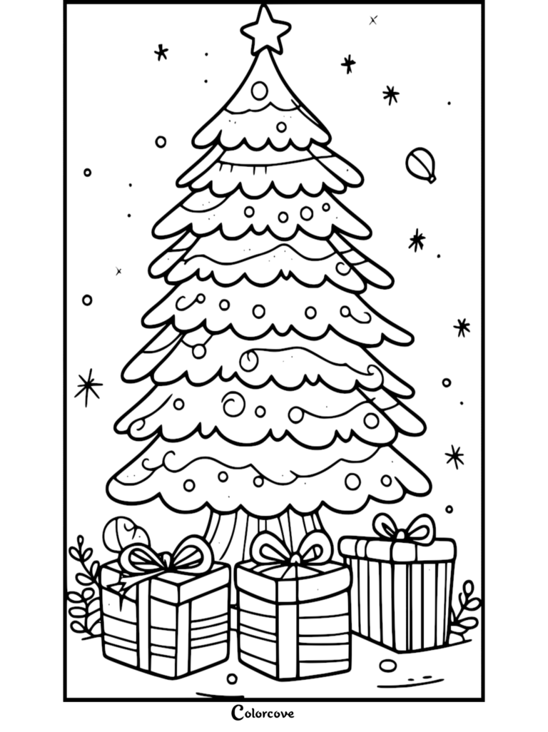 Una página para colorear festiva de un Árbol de Navidad que presenta un pino decorado con una estrella de la copa y tres cajas de regalo envueltas debajo.