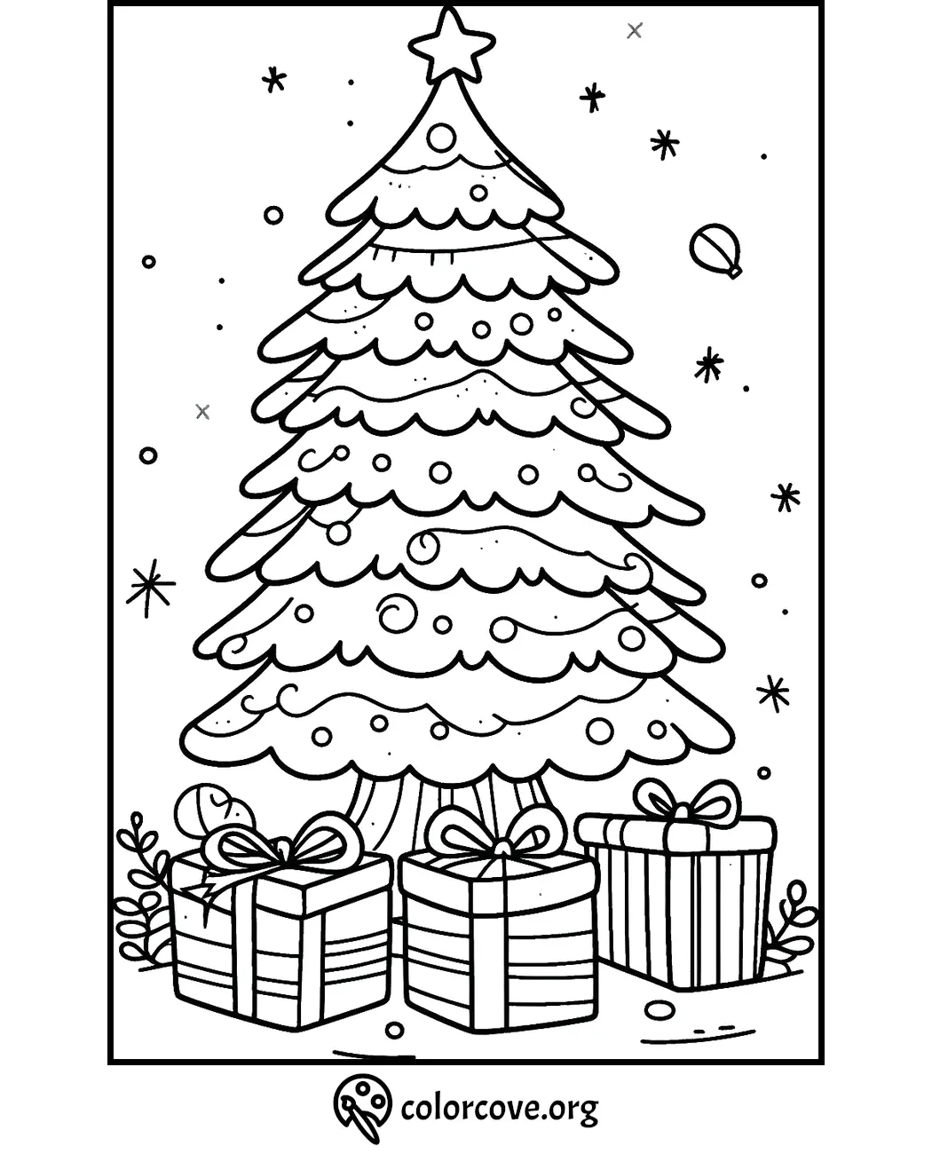 Christmas tree coloring page with ornaments and gifts, perfect for a festive holiday activity for kids and adults.